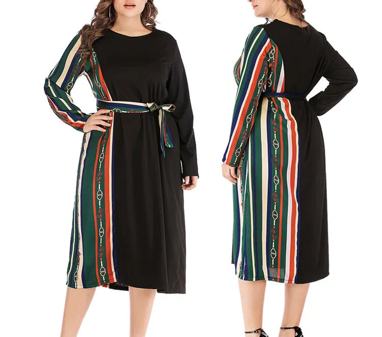 Plus Size Round Neck Long Sleeve Waist Striped Dress