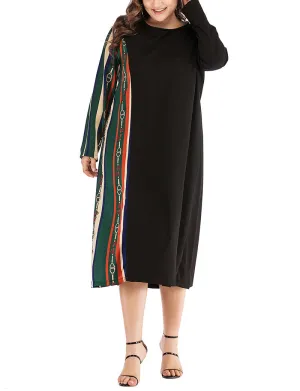 Plus Size Round Neck Long Sleeve Waist Striped Dress