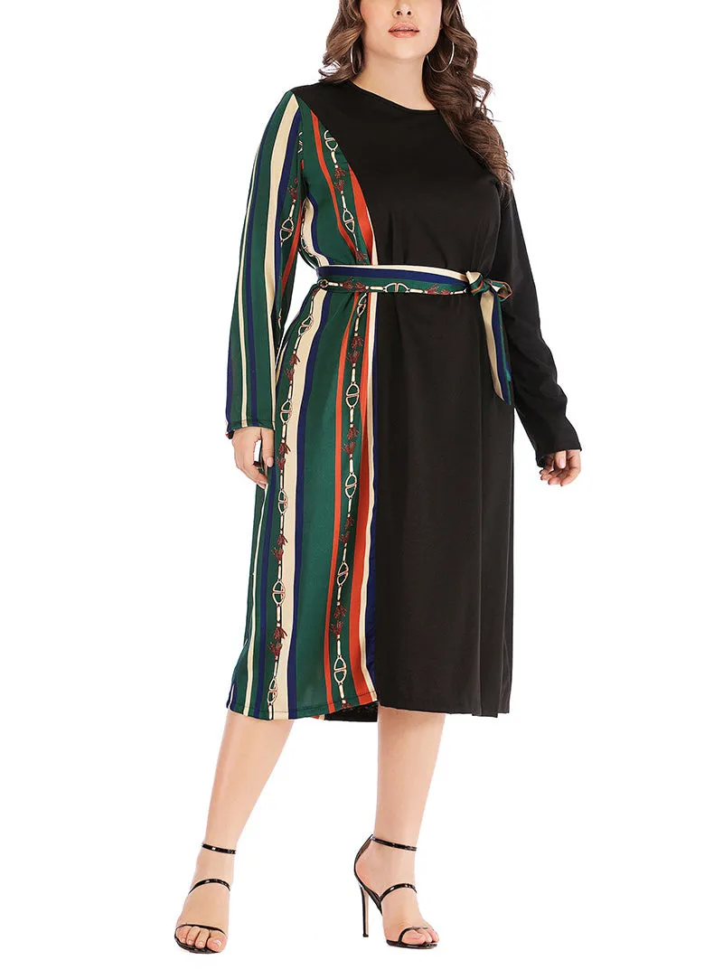 Plus Size Round Neck Long Sleeve Waist Striped Dress