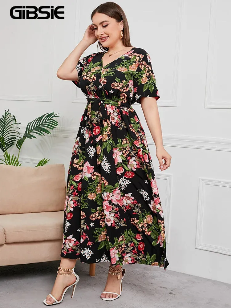 Plus Size V-Neck Floral Print Boho Dress Women Spring Summer Short Sleeve A-Line Long Dress w/ Belt
