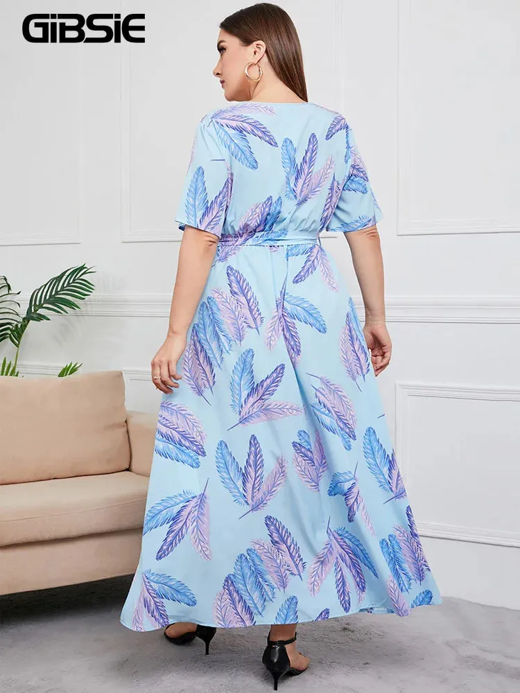 Plus Size V-Neck Floral Print Boho Dress Women Spring Summer Short Sleeve A-Line Long Dress w/ Belt