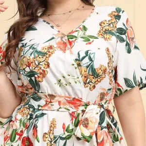 Plus Size V-Neck Floral Print Boho Dress Women Spring Summer Short Sleeve A-Line Long Dress w/ Belt