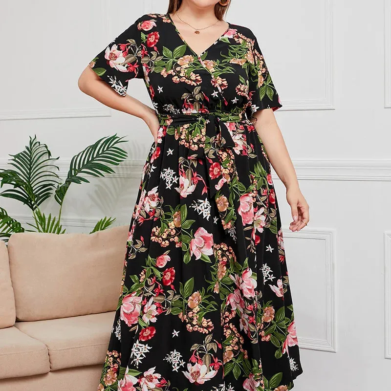 Plus Size V-Neck Floral Print Boho Dress Women Spring Summer Short Sleeve A-Line Long Dress w/ Belt