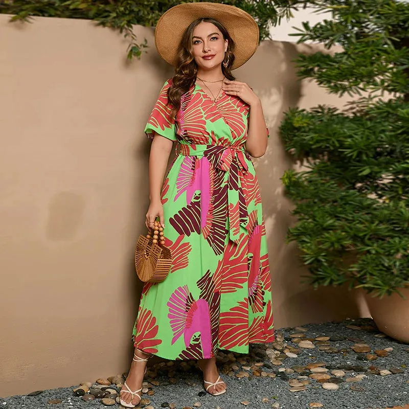 Plus Size V-Neck Floral Print Boho Dress Women Spring Summer Short Sleeve A-Line Long Dress w/ Belt