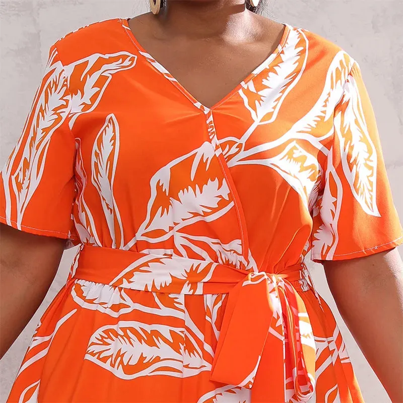 Plus Size V-Neck Floral Print Boho Dress Women Spring Summer Short Sleeve A-Line Long Dress w/ Belt