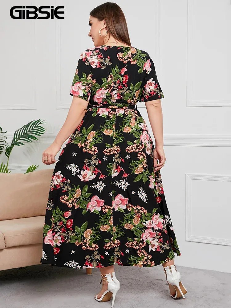 Plus Size V-Neck Floral Print Boho Dress Women Spring Summer Short Sleeve A-Line Long Dress w/ Belt