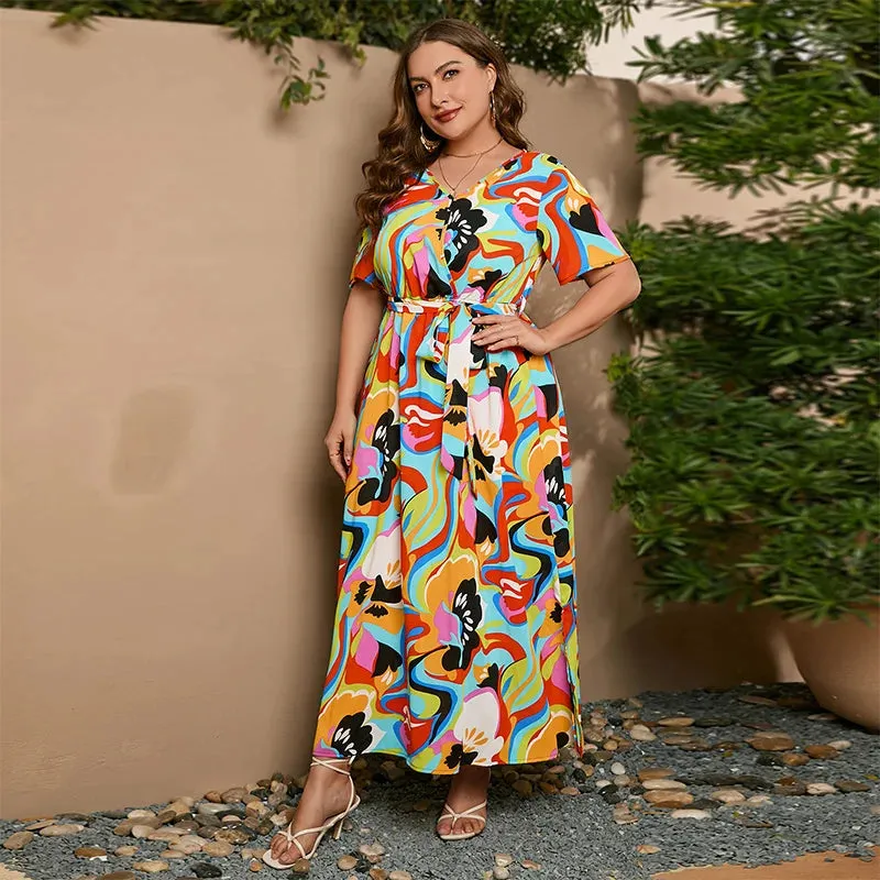 Plus Size V-Neck Floral Print Boho Dress Women Spring Summer Short Sleeve A-Line Long Dress w/ Belt