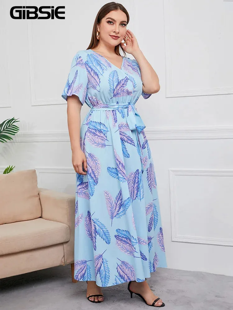 Plus Size V-Neck Floral Print Boho Dress Women Spring Summer Short Sleeve A-Line Long Dress w/ Belt
