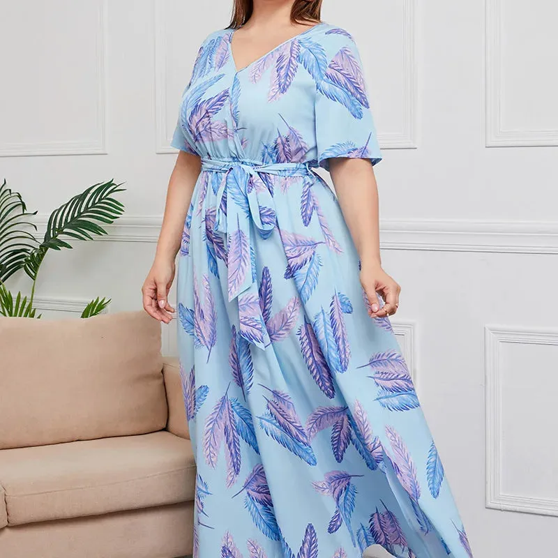 Plus Size V-Neck Floral Print Boho Dress Women Spring Summer Short Sleeve A-Line Long Dress w/ Belt