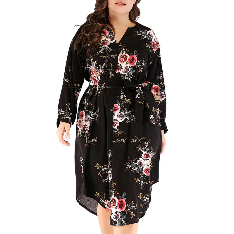 Plus Size V-neck Long Sleeve Print Dress