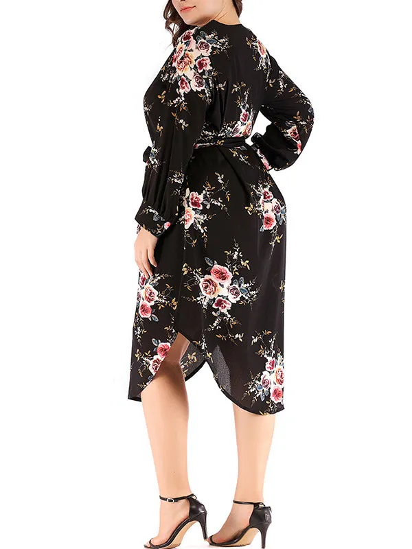 Plus Size V-neck Long Sleeve Print Dress