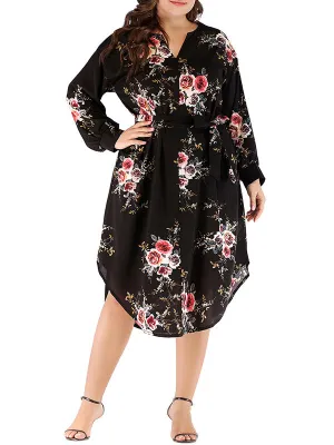 Plus Size V-neck Long Sleeve Print Dress