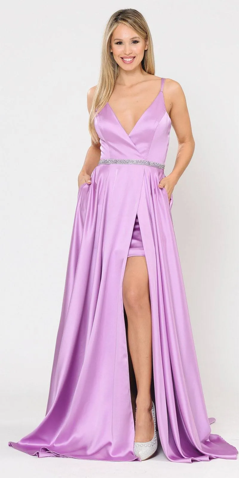 Poly USA 8604 Romper Style Long Satin Prom Dress with Pockets