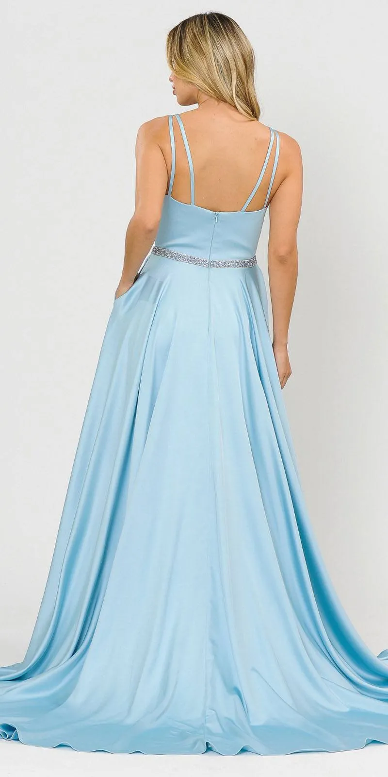 Poly USA 8604 Romper Style Long Satin Prom Dress with Pockets