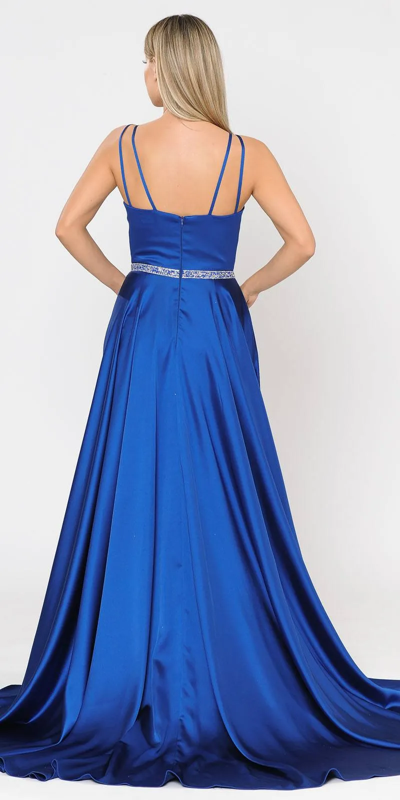 Poly USA 8604 Romper Style Long Satin Prom Dress with Pockets