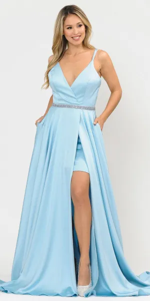 Poly USA 8604 Romper Style Long Satin Prom Dress with Pockets