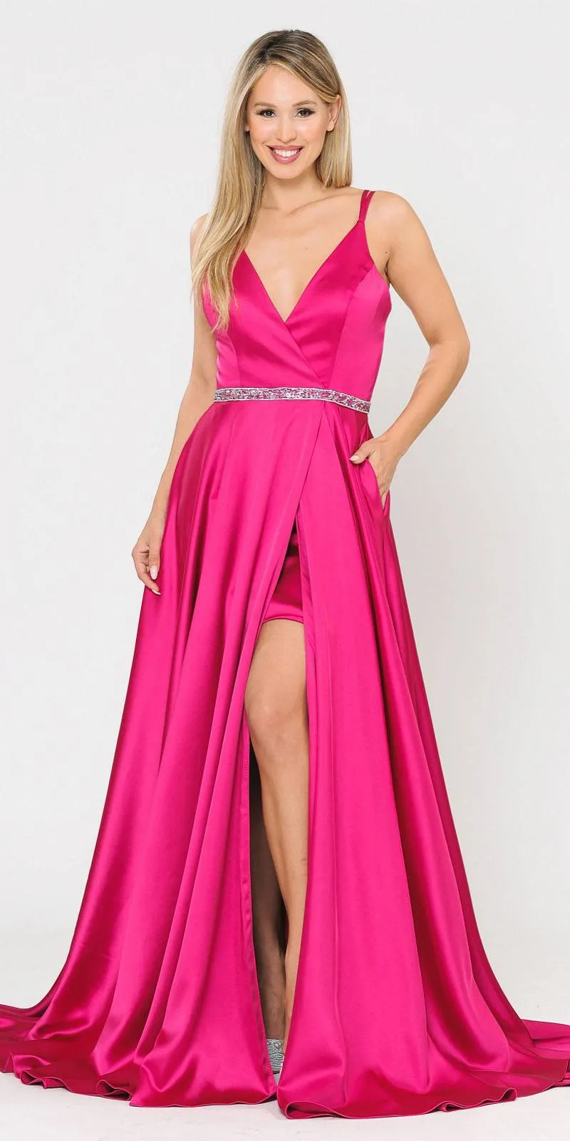 Poly USA 8604 Romper Style Long Satin Prom Dress with Pockets