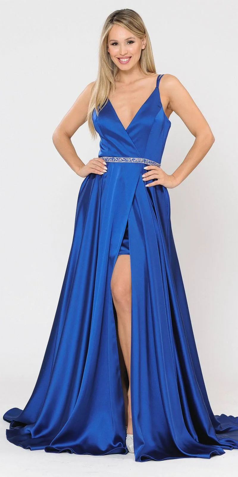 Poly USA 8604 Romper Style Long Satin Prom Dress with Pockets