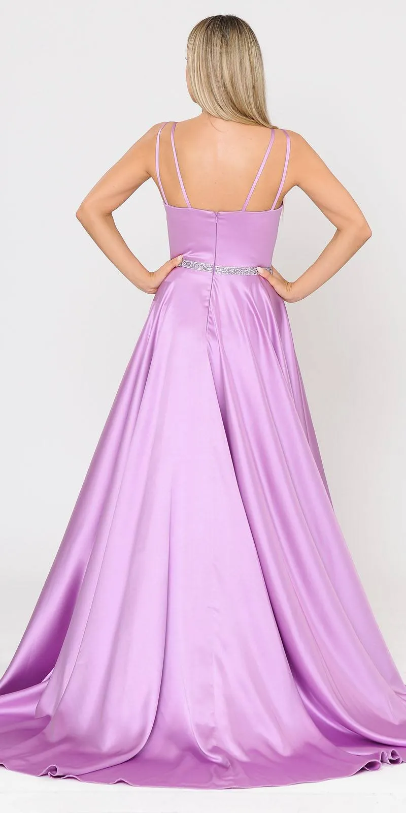 Poly USA 8604 Romper Style Long Satin Prom Dress with Pockets