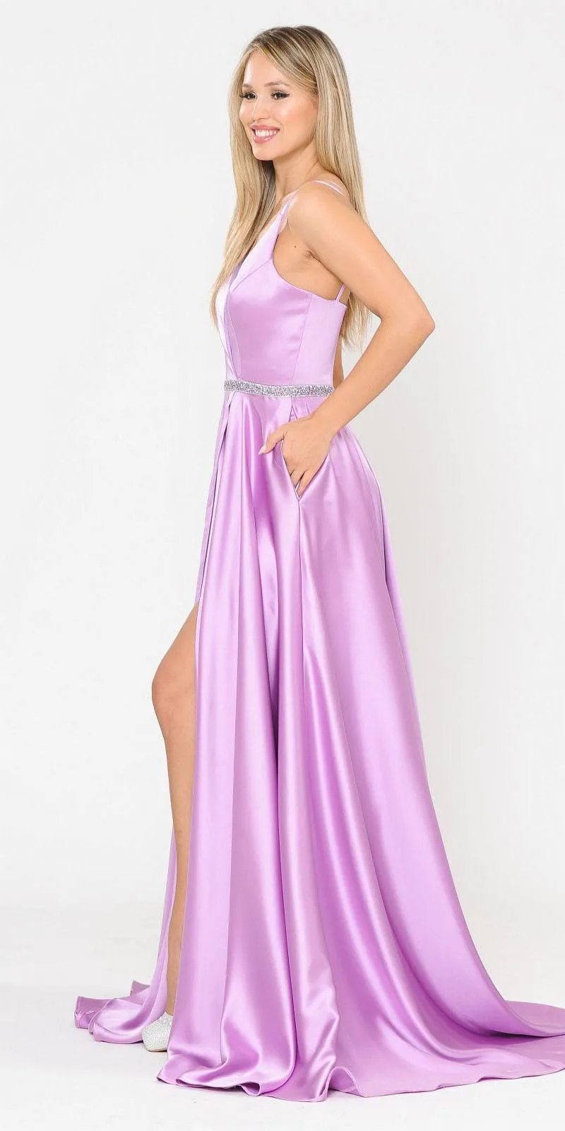 Poly USA 8604 Romper Style Long Satin Prom Dress with Pockets