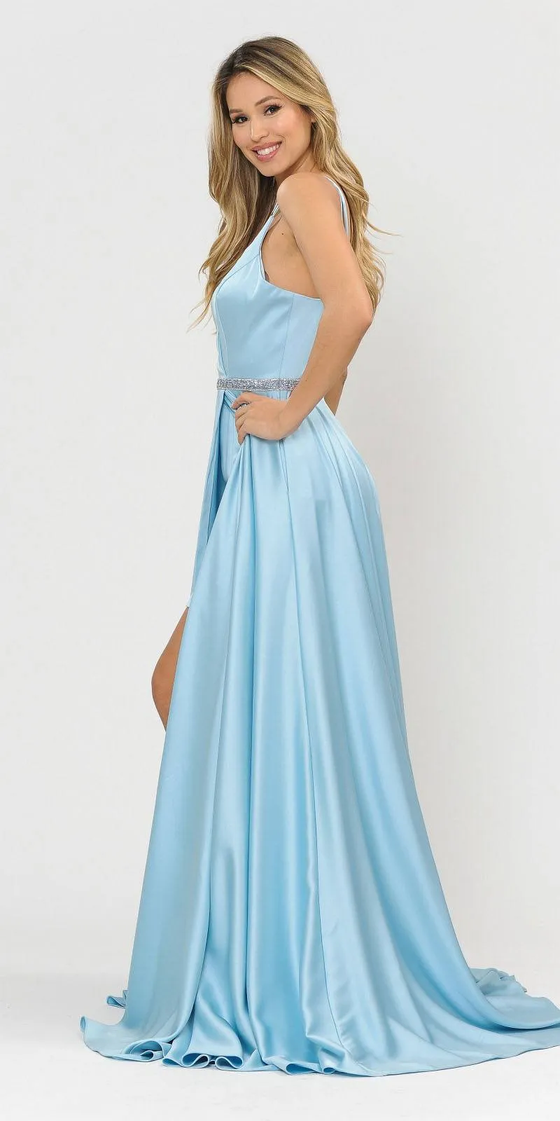 Poly USA 8604 Romper Style Long Satin Prom Dress with Pockets