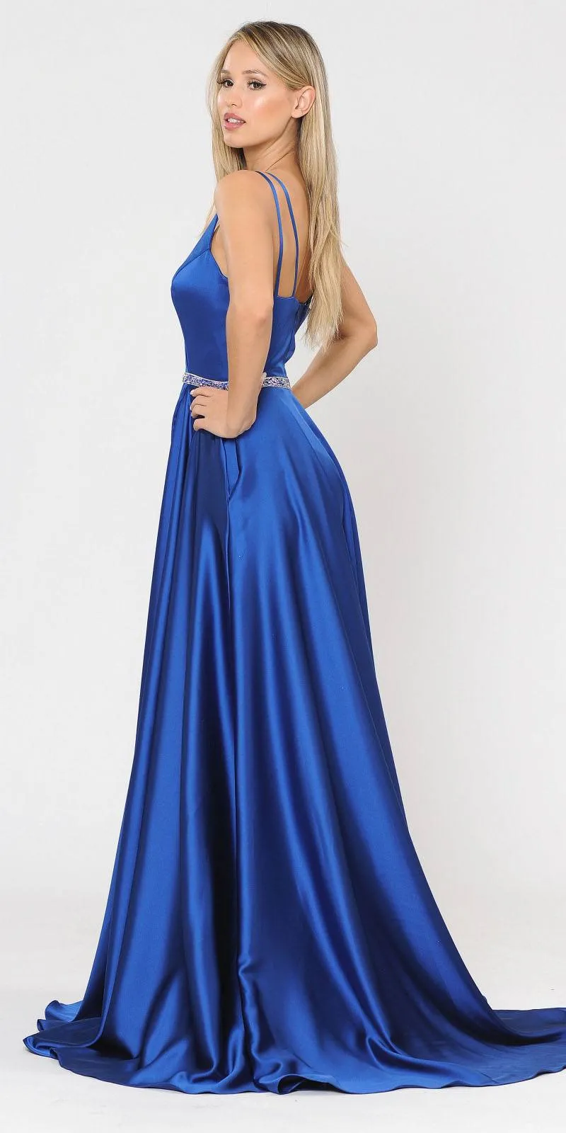Poly USA 8604 Romper Style Long Satin Prom Dress with Pockets