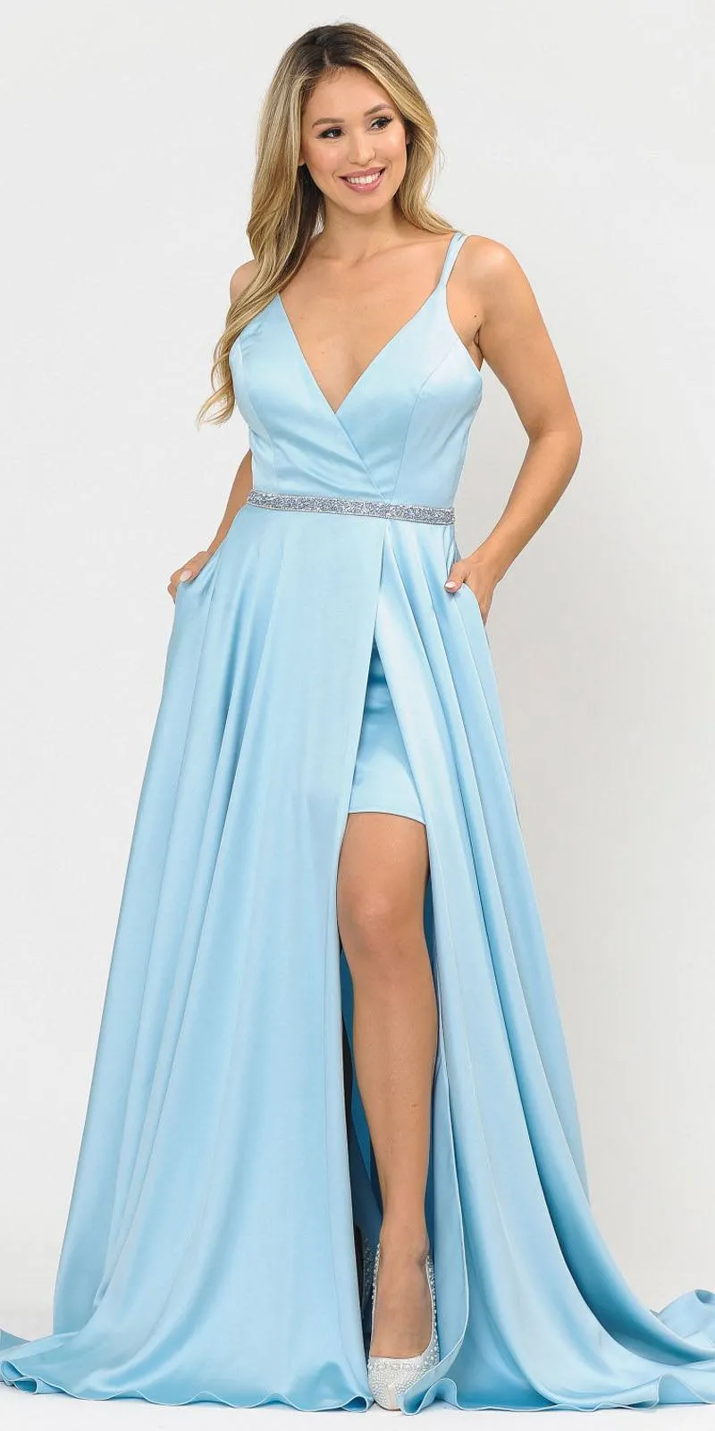 Poly USA 8604 Romper Style Long Satin Prom Dress with Pockets