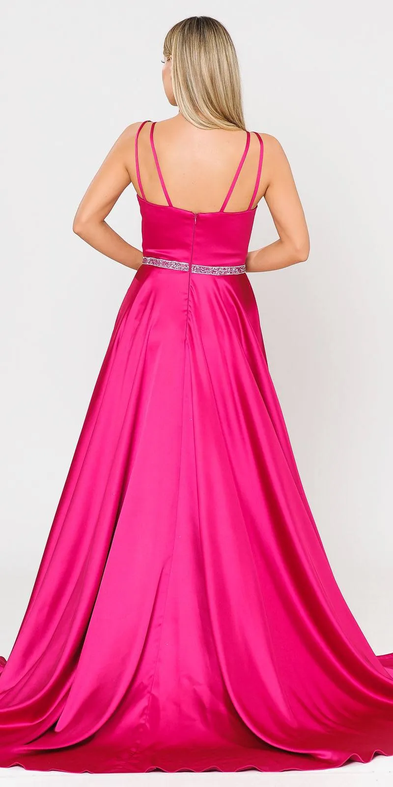 Poly USA 8604 Romper Style Long Satin Prom Dress with Pockets