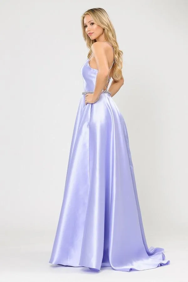 Poly USA 8688 Halter Criss-Cross Back Long A-Line Prom Dress with Pockets