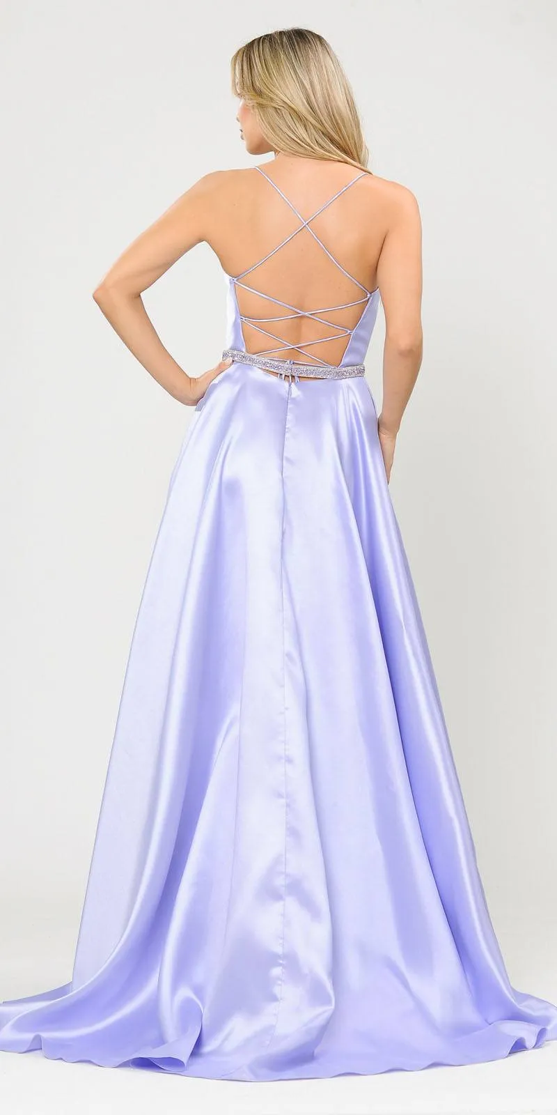 Poly USA 8688 Halter Criss-Cross Back Long A-Line Prom Dress with Pockets
