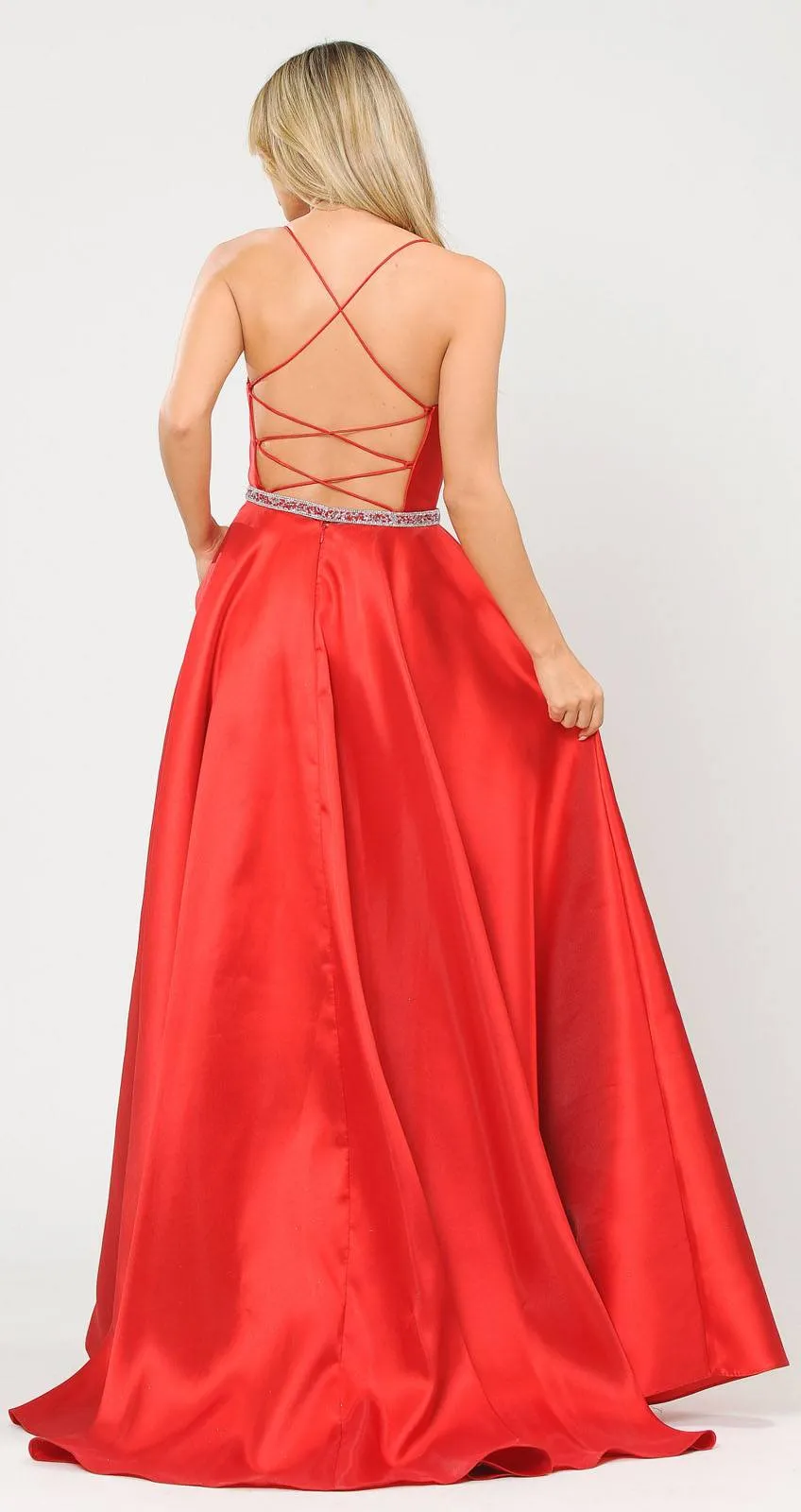 Poly USA 8688 Halter Criss-Cross Back Long A-Line Prom Dress with Pockets