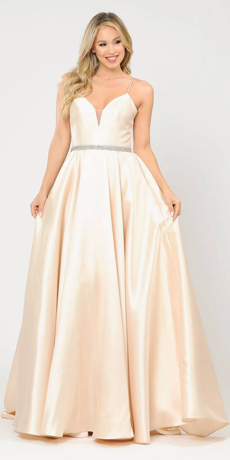 Poly USA 8688 Halter Criss-Cross Back Long A-Line Prom Dress with Pockets