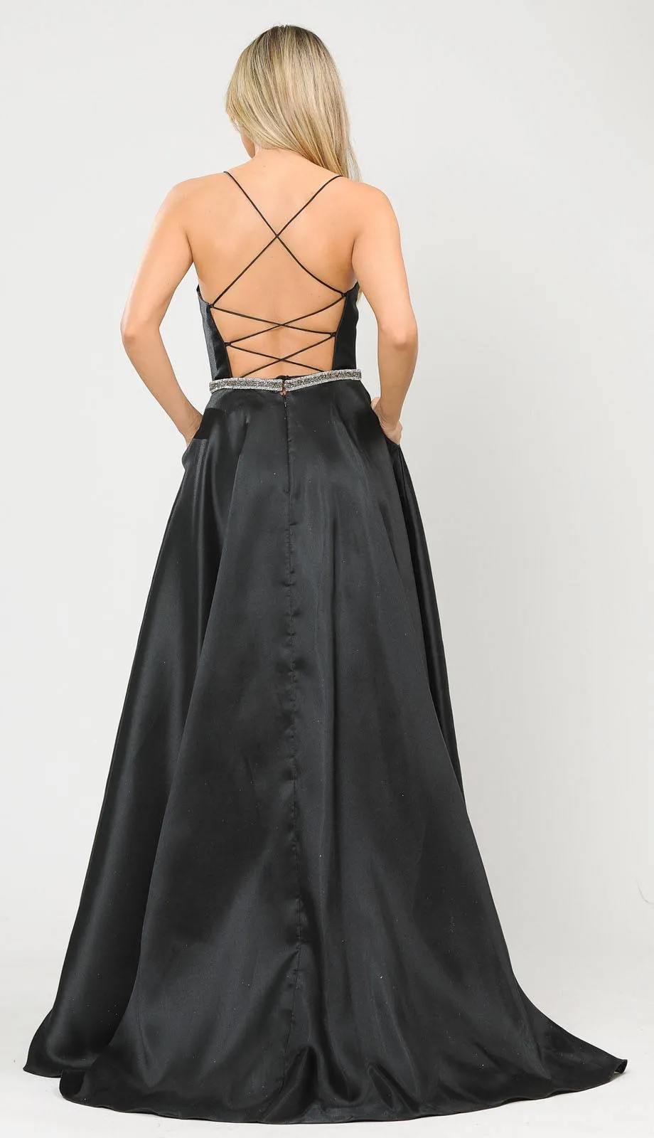 Poly USA 8688 Halter Criss-Cross Back Long A-Line Prom Dress with Pockets