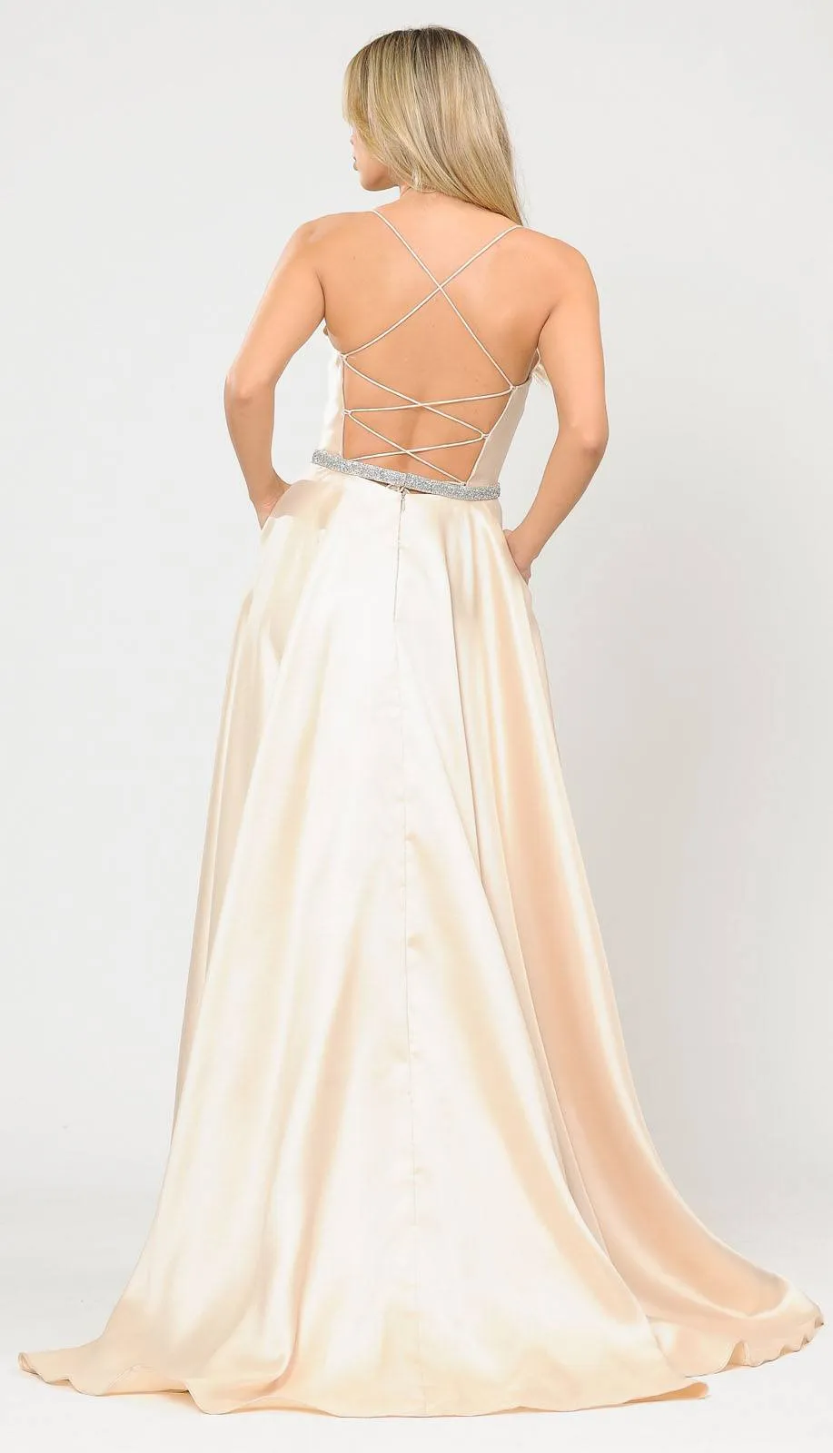 Poly USA 8688 Halter Criss-Cross Back Long A-Line Prom Dress with Pockets