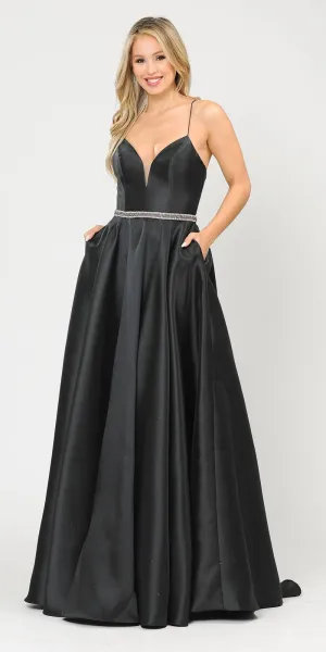 Poly USA 8688 Halter Criss-Cross Back Long A-Line Prom Dress with Pockets