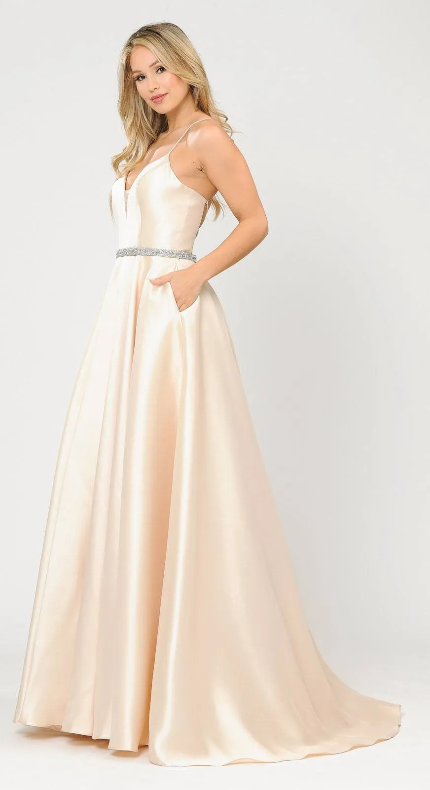Poly USA 8688 Halter Criss-Cross Back Long A-Line Prom Dress with Pockets
