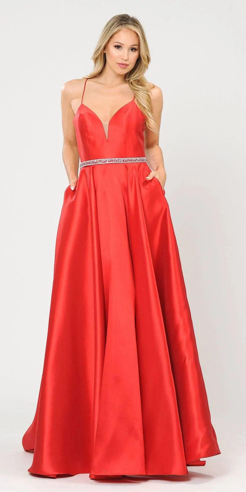 Poly USA 8688 Halter Criss-Cross Back Long A-Line Prom Dress with Pockets