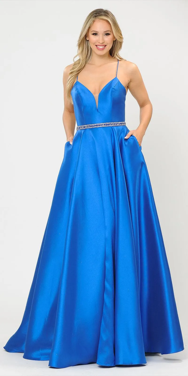 Poly USA 8688 Halter Criss-Cross Back Long A-Line Prom Dress with Pockets