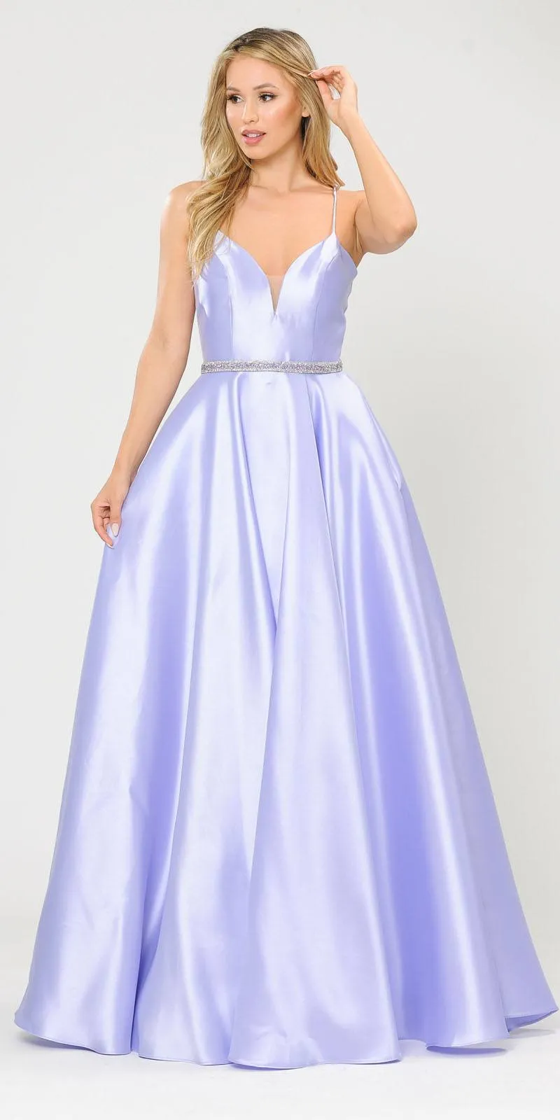 Poly USA 8688 Halter Criss-Cross Back Long A-Line Prom Dress with Pockets