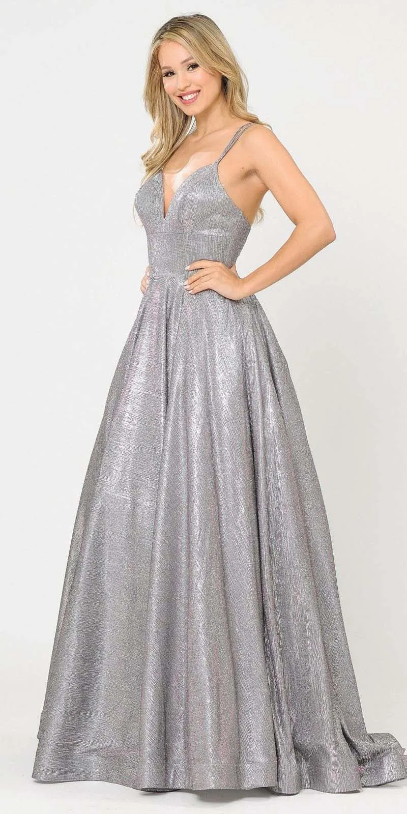 Poly USA 8714 Glitter Knit Foiled Long Dress with Criss-Cross Back