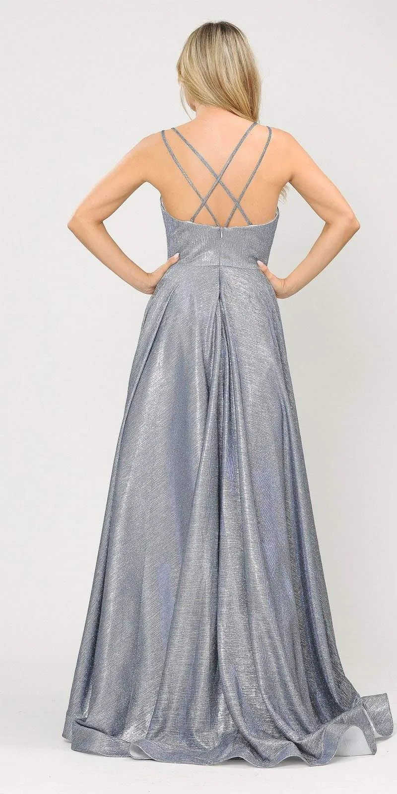 Poly USA 8714 Glitter Knit Foiled Long Dress with Criss-Cross Back