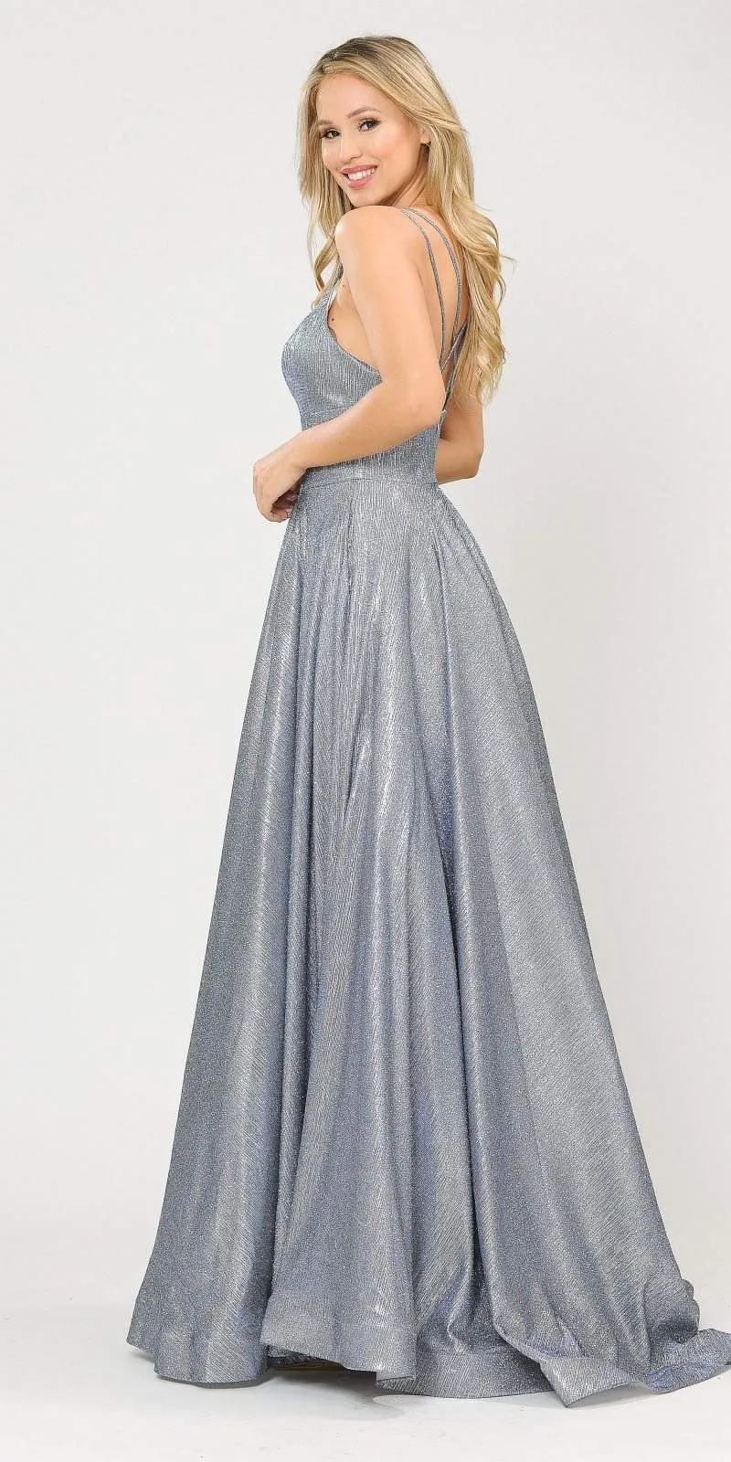 Poly USA 8714 Glitter Knit Foiled Long Dress with Criss-Cross Back