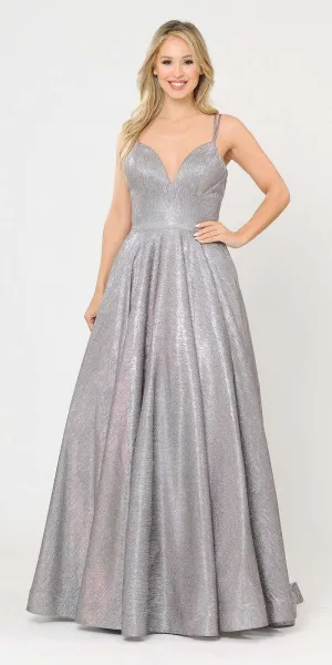 Poly USA 8714 Glitter Knit Foiled Long Dress with Criss-Cross Back