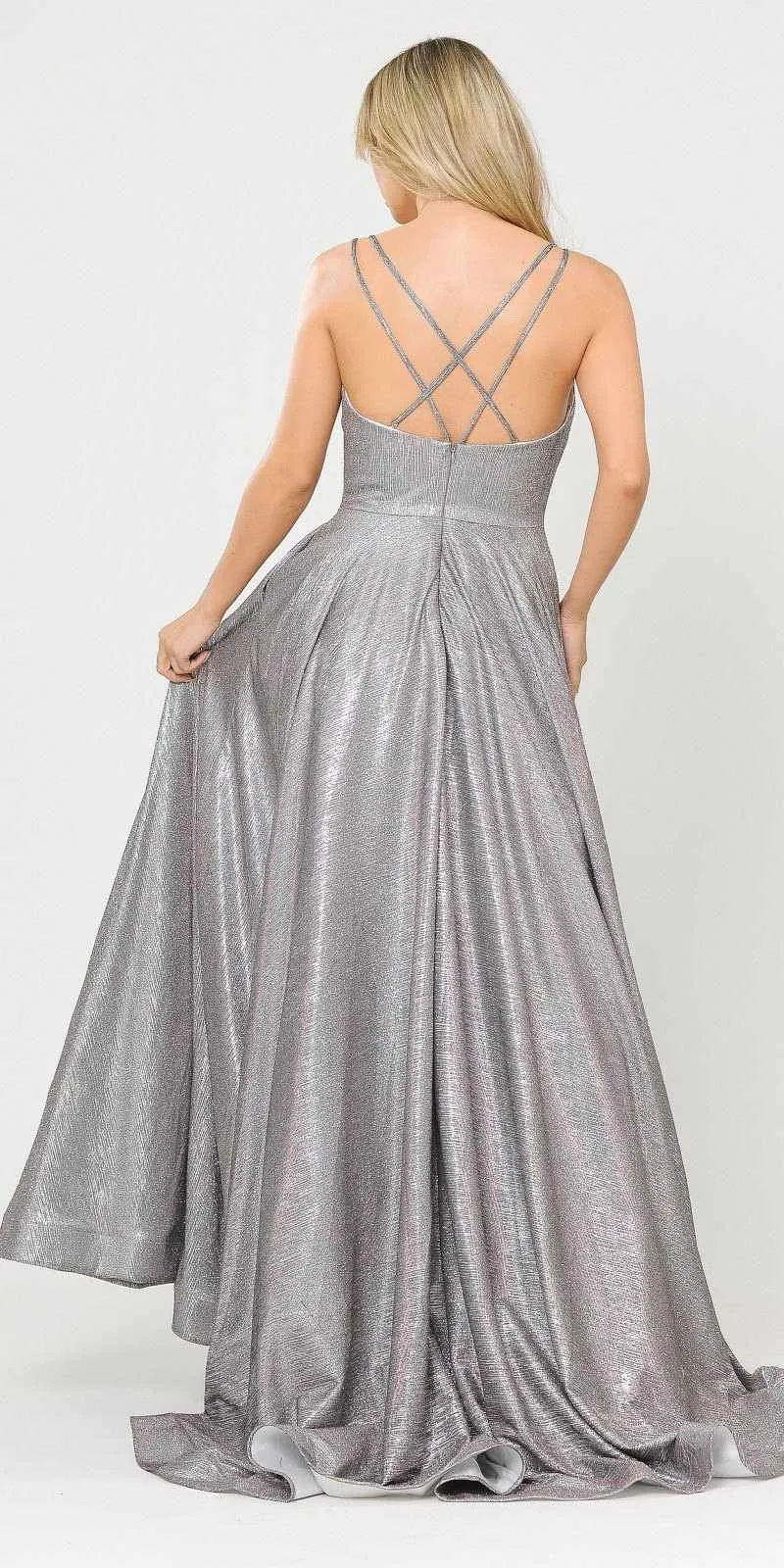 Poly USA 8714 Glitter Knit Foiled Long Dress with Criss-Cross Back