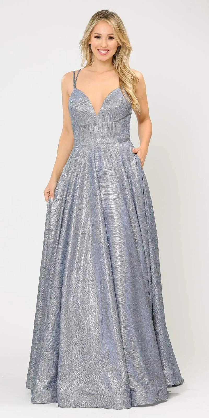 Poly USA 8714 Glitter Knit Foiled Long Dress with Criss-Cross Back