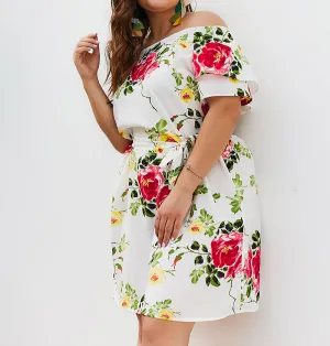 Printed Off-the-shoulder Large Size Dress