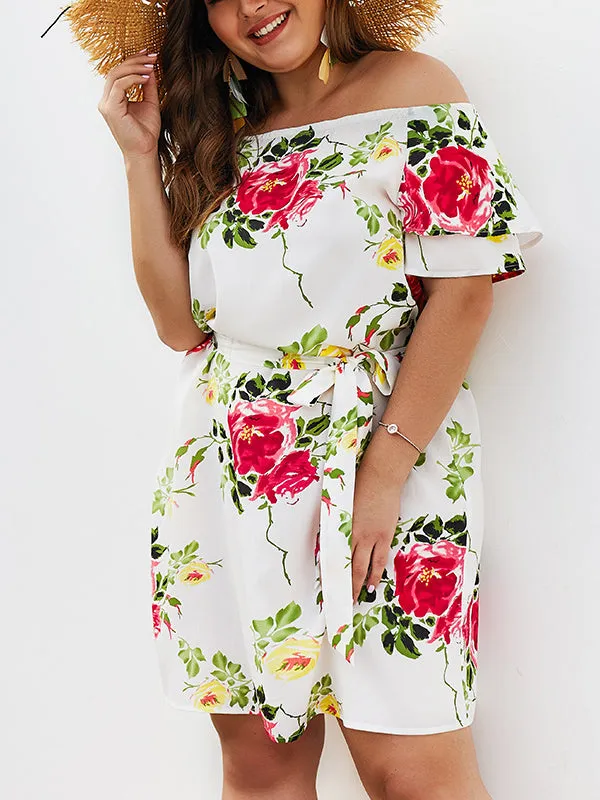 Printed Off-the-shoulder Large Size Dress