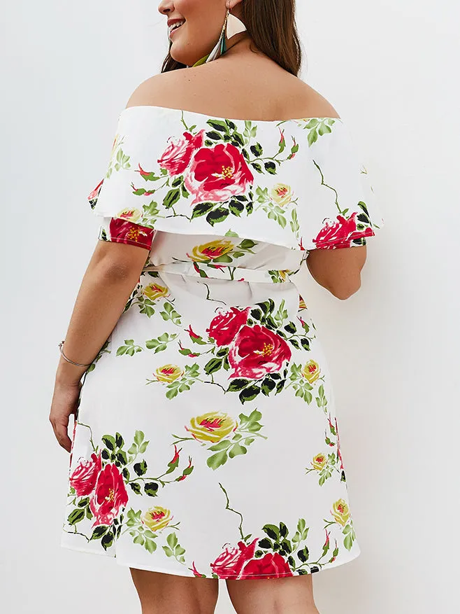 Printed Off-the-shoulder Large Size Dress
