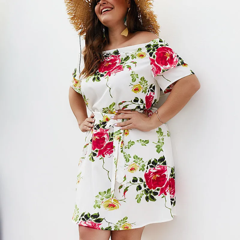 Printed Off-the-shoulder Large Size Dress