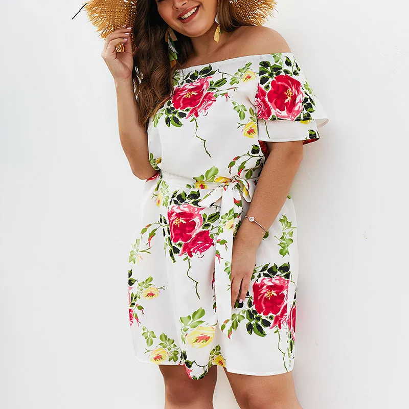 Printed Off-the-shoulder Large Size Dress